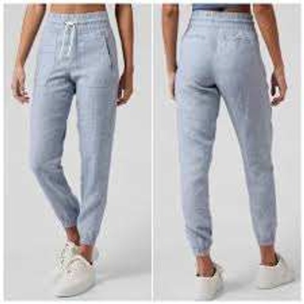 Athleta Cabo Linen Joggers‎ Pants Women 12 Chambray Blue Beach Fisherman Coastal